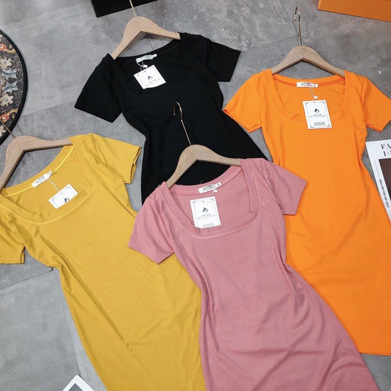 Váy body nữ cổ vuông nhiều màu chất cotton zip đẹp