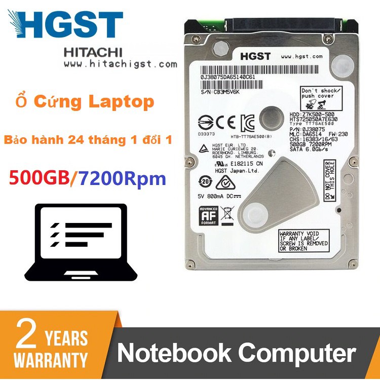 Ổ Cứng Laptop 500GB Hitachi HGST 2.5"inch 7200Rpm Chính Hãng (BH 24 tháng 1 đổi 1)