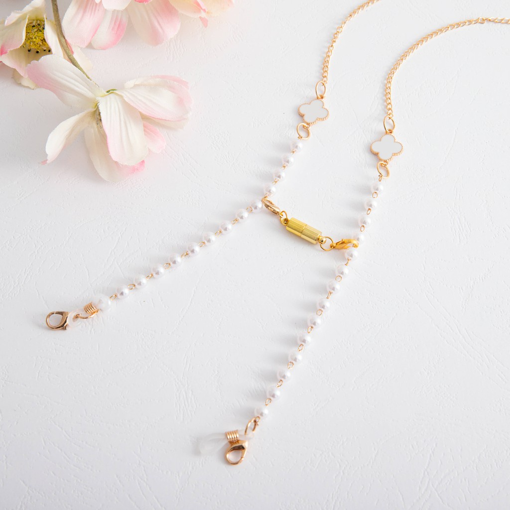 Dây Đeo Mắt Kính Đính Hạt Ngọc Trai Kèm Hai Móc Treo Mặt Nạ Giá Đỡ