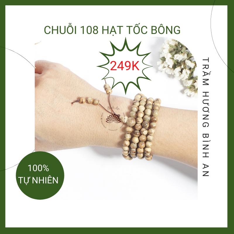Vòng Trầm Hương 108 Hạt Tốc Bông Tự Nhiên - Vòng Tay Phong Thủy - Trầm Hương Việt Nam - 6mm