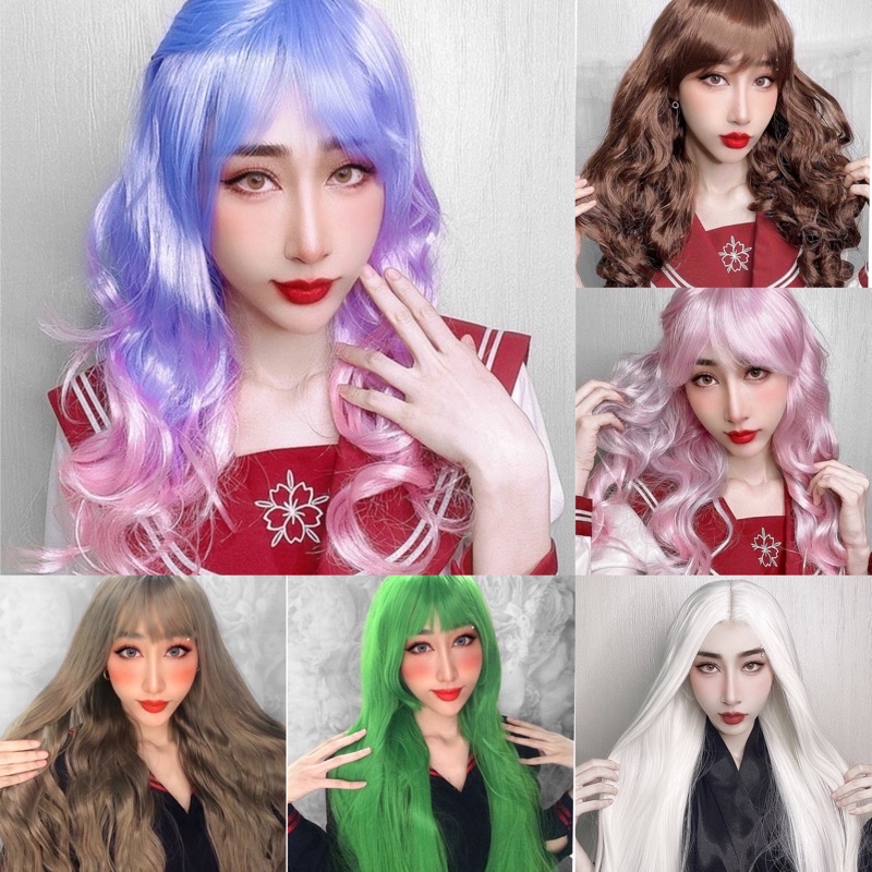 Tóc giả dài cosplay các màu đen, trắng, nâu, tím, hồng, xanh,...