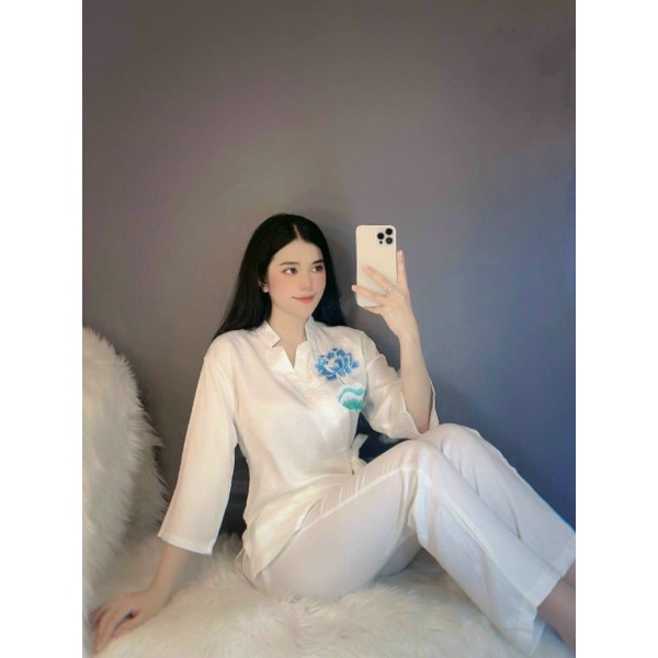 Sét Bộ Đồ Lam Đi Chùa - Đồ Lam Phật Tử thêu hoa sen cột dây eo Cao Cấp