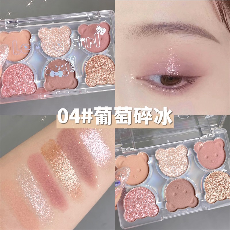 Bảng Phấn Mắt 6 Màu Sắc Tông Lì/Lấp Lánh Chống Thấm Nước Lâu Trôi Trang Điểm Bắt Sáng Hình Gấu Dễ Thương