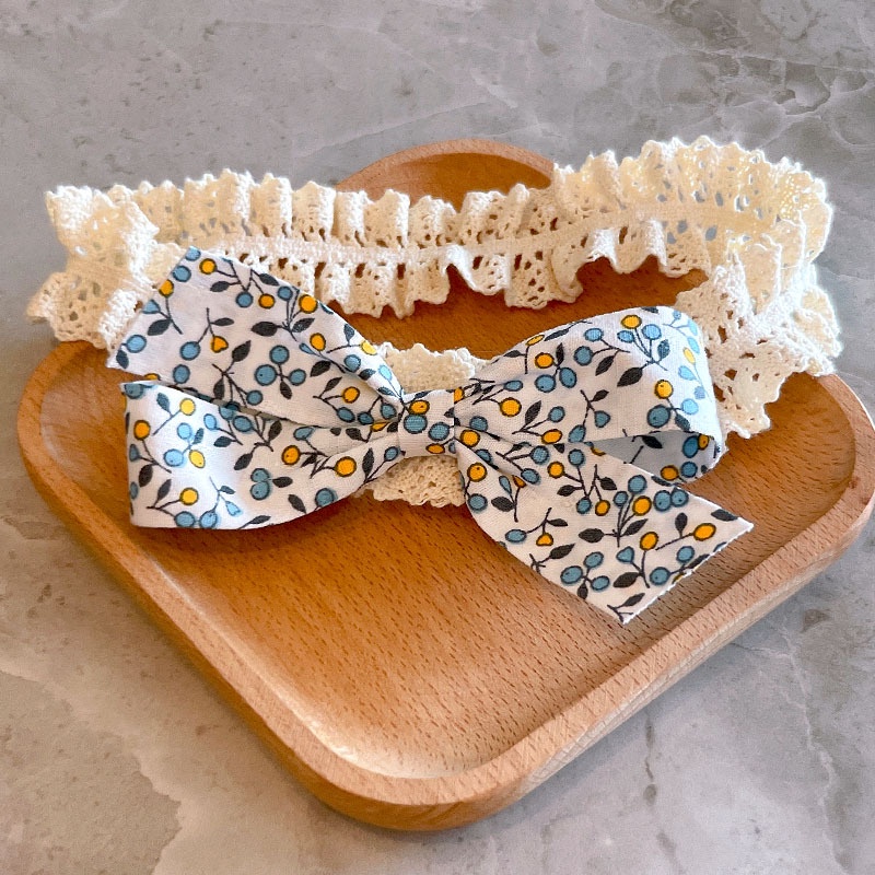 Băng đô/turban ren đính nơ vải hoa văn vintage xinh xắn cho bé phong Hàn Quốc mềm mại, co giãn tốt