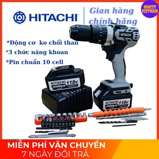 [Chinh Hang] Máy Khoan Pin HITACHI 118V Động Cơ KHÔNG CHỔI THAN, Đầu Auto Lock 13mm, tặng kèm bộ phụ kiện như hình