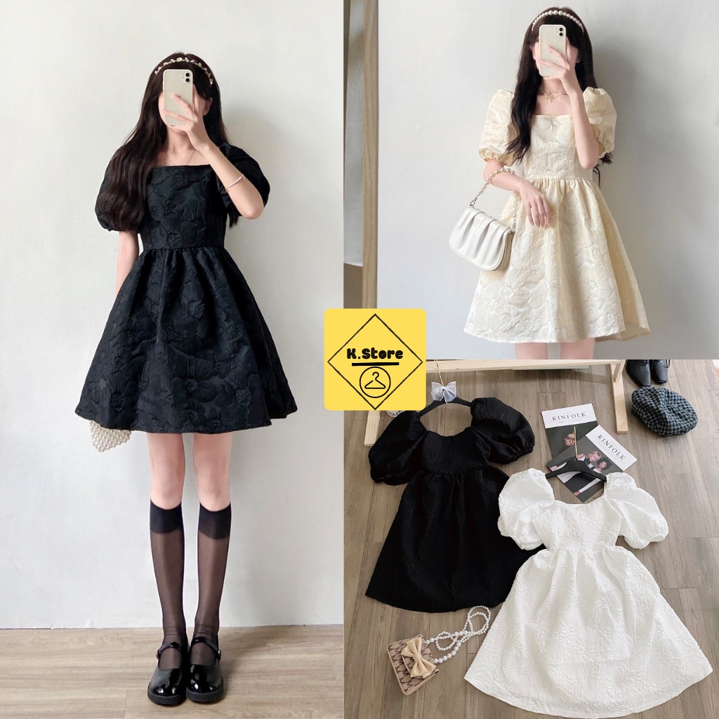 Váy Cổ Vuông Tay Bồng Phối Nơ Lụa Tôn Dáng Hàng Tốt Chất Lượng Cao K.Store 378