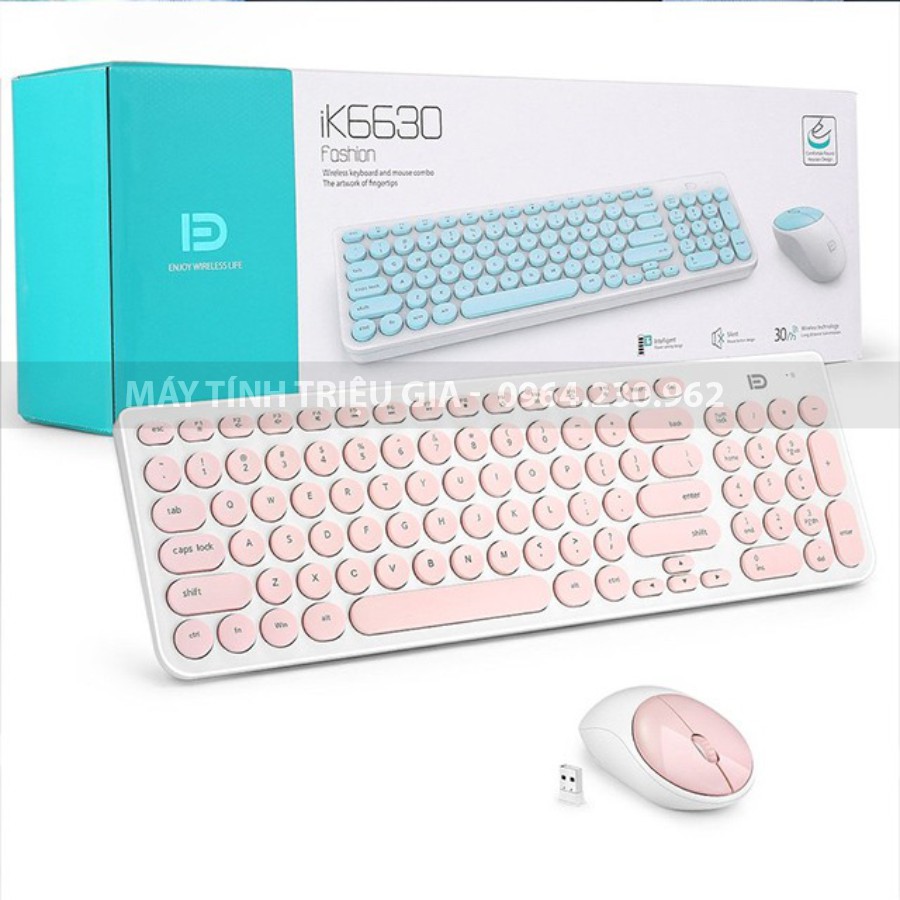 Bộ Bàn Phím Chuột Không Dây Forter IK6630 Màu Hồng - Hàng Chính Hãng - Kết Nối Không Dây, Bảo Hành 12 Tháng