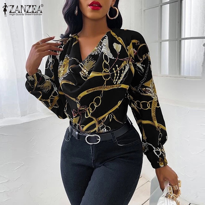 Áo kiểu nữ ZANZEA ôm dáng tay dài cổ tròn cổ tay phối chun co giãn in họa tiết kiểu cổ điển gợi cảm thời trang