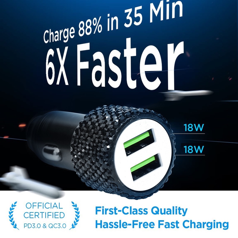 Củ Sạc Điện Thoại Di Động Hai Cổng USB 3.0 Sạc Nhanh Mang Đi Trong Xe Hơi Đính Đá Kim Cương 18W Dành Cho Android IOS