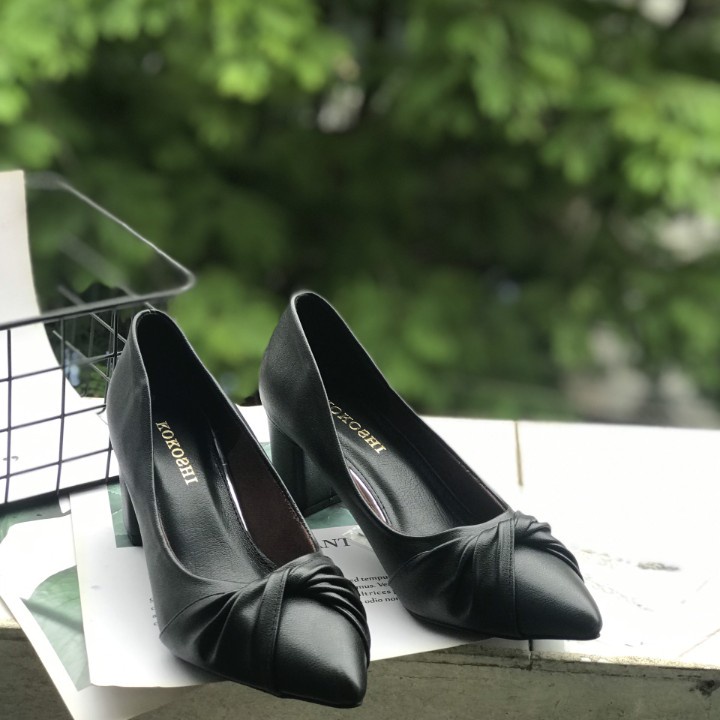 Giày cao Gót nữ 5p Đế vuông mũi nhọn thắt nơ công sở Da mềm cao cấp