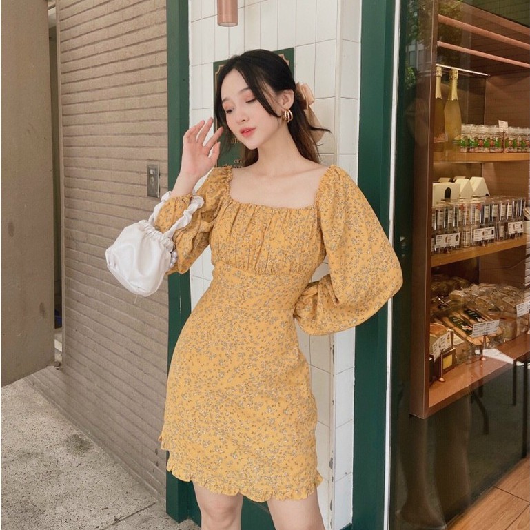 Đầm Hoa Nhí Vintage ❤️FREESHIP❤️ Dáng Xòe Cổ Vuông Tay Dài Bo Thun