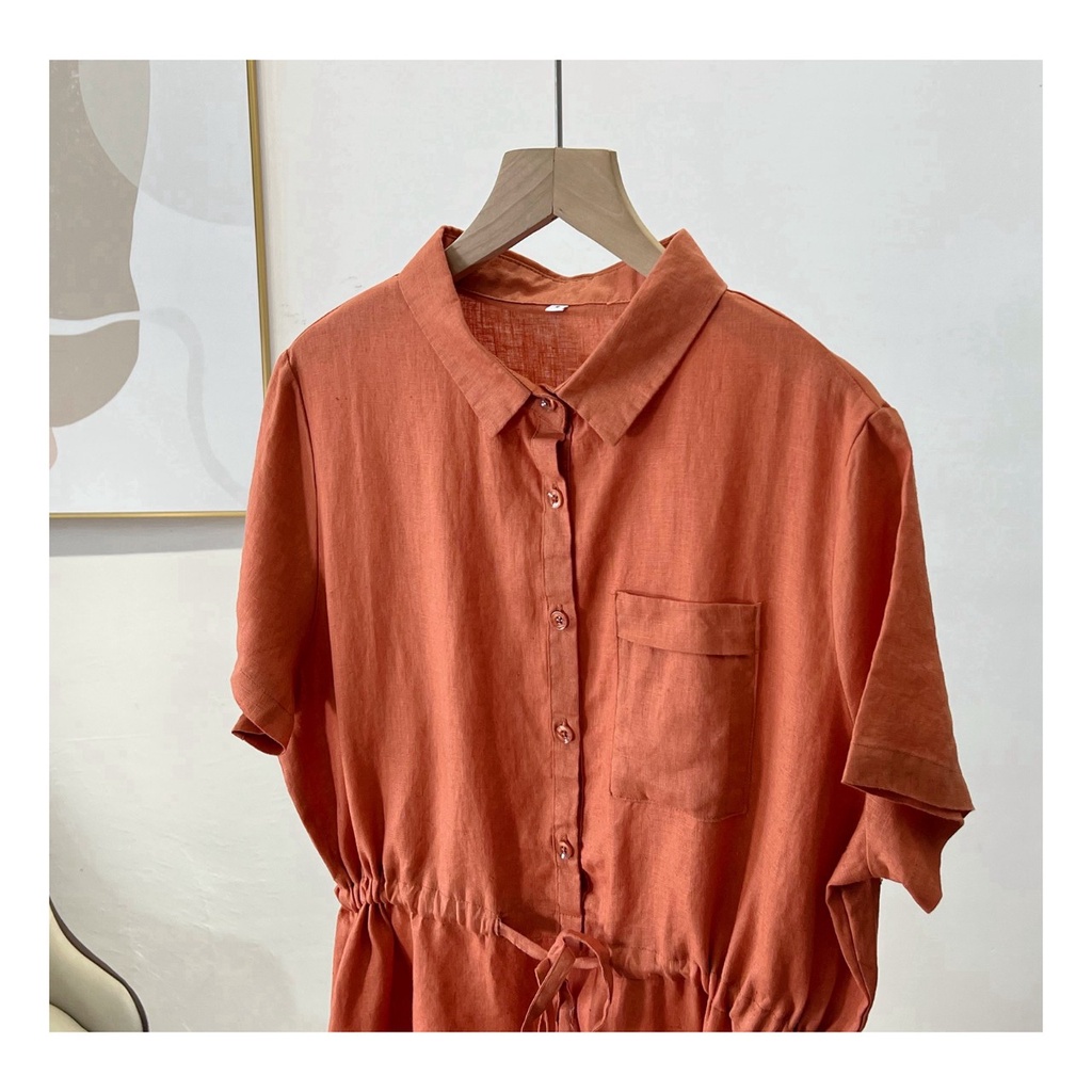 Đầm suông linen form rộng cổ sơ mi không kén dáng mặc,dáng suông vải đũi mềm mát