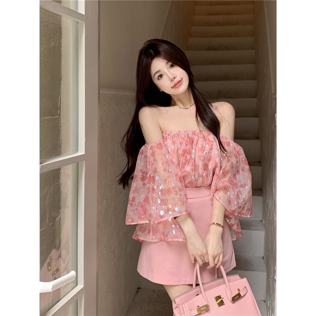 Áo Trễ Vai Tay Lửng Viền Bèo Màu Trơn Thời Trang Cho Nữ