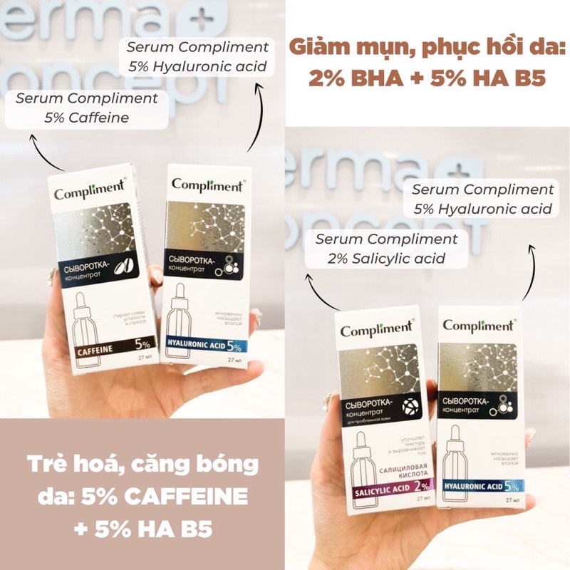 Tinh chất serum Compliment 20% vitamin C, 2%BHA, 5% Hyaluronic giữ ẩm, giảm mụn, Trắng da