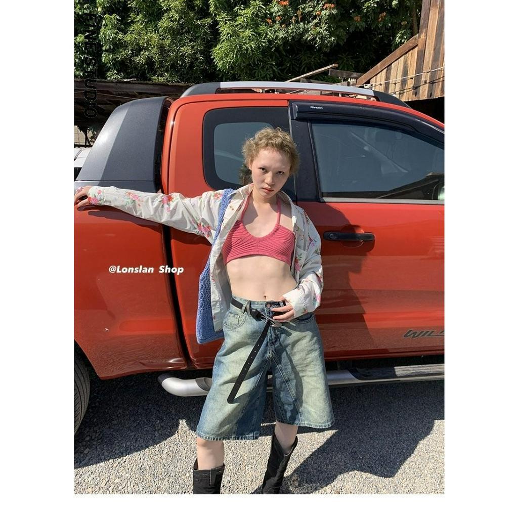 Fine Studio Quần Short Jean Lưng Cao Ống Rộng Dáng Suông Màu Gradient Mùa Hè Cho Nữ