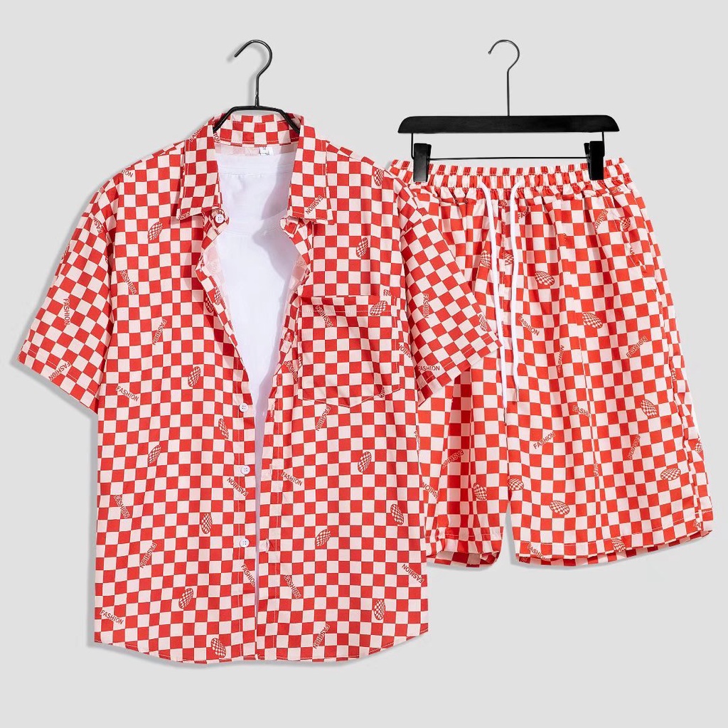 Set Áo Sơ Mi Ngắn Tay Và Quần Short Họa Tiết Ca Rô Phong Cách Hàn Quốc Dành Cho Nam