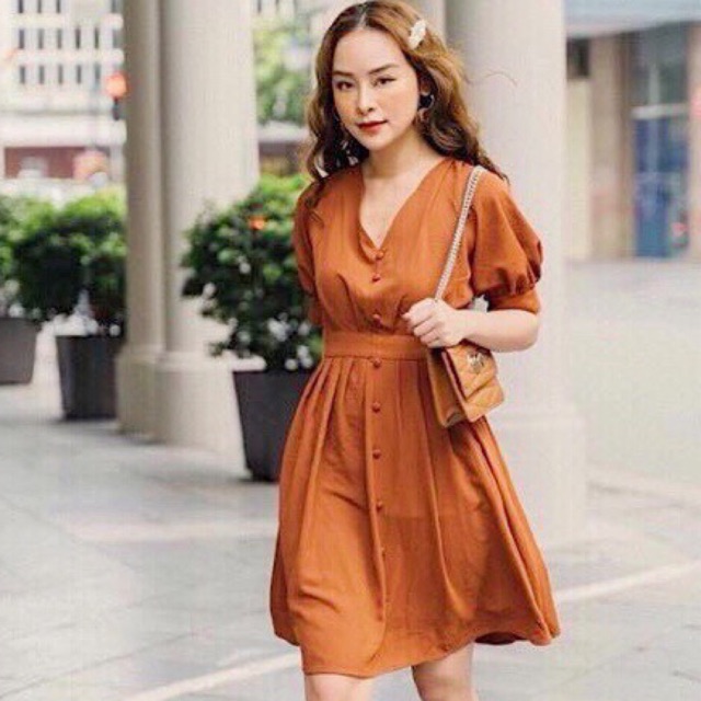 Đầm cam cổ V nút bọc (kèm hình thật)