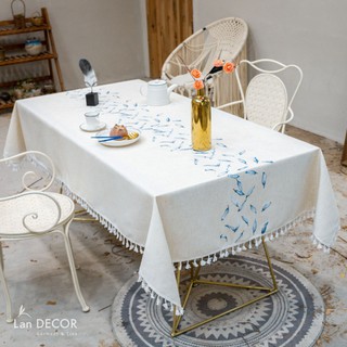Khăn trải bàn đẹp Landecor thêu lá xanh dương tranh nhã, lịch sự - TB471