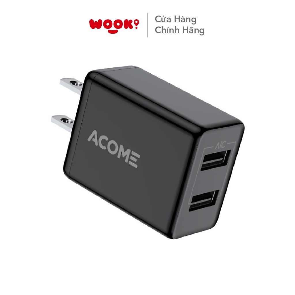 Củ Sạc Nhanh ACOME AC03U 2 Cổng Sạc USB Nguồn Ra 2.4A Sạc Đồng Thời 2 Thiết Bị Hàng Bảo Hành Chính Hãng