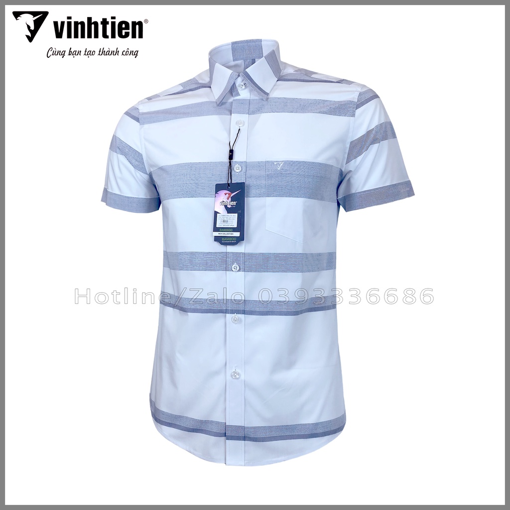 Áo Sơ Mi Nam Tay Ngắn Sọc Caro Bamboo Vĩnh Tiến Form Slimfit Vạt Bầu 430 - G377