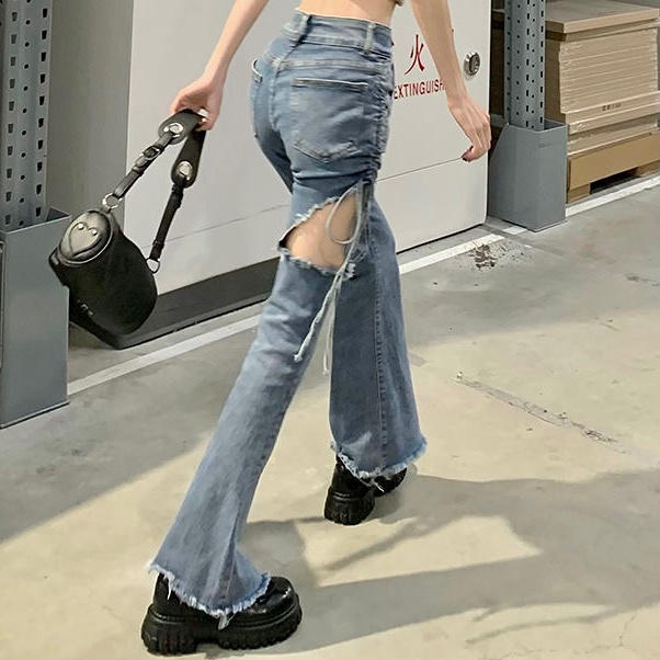 Quần Jeans Nữ Lưng Cao Rách Gối Cá Tính