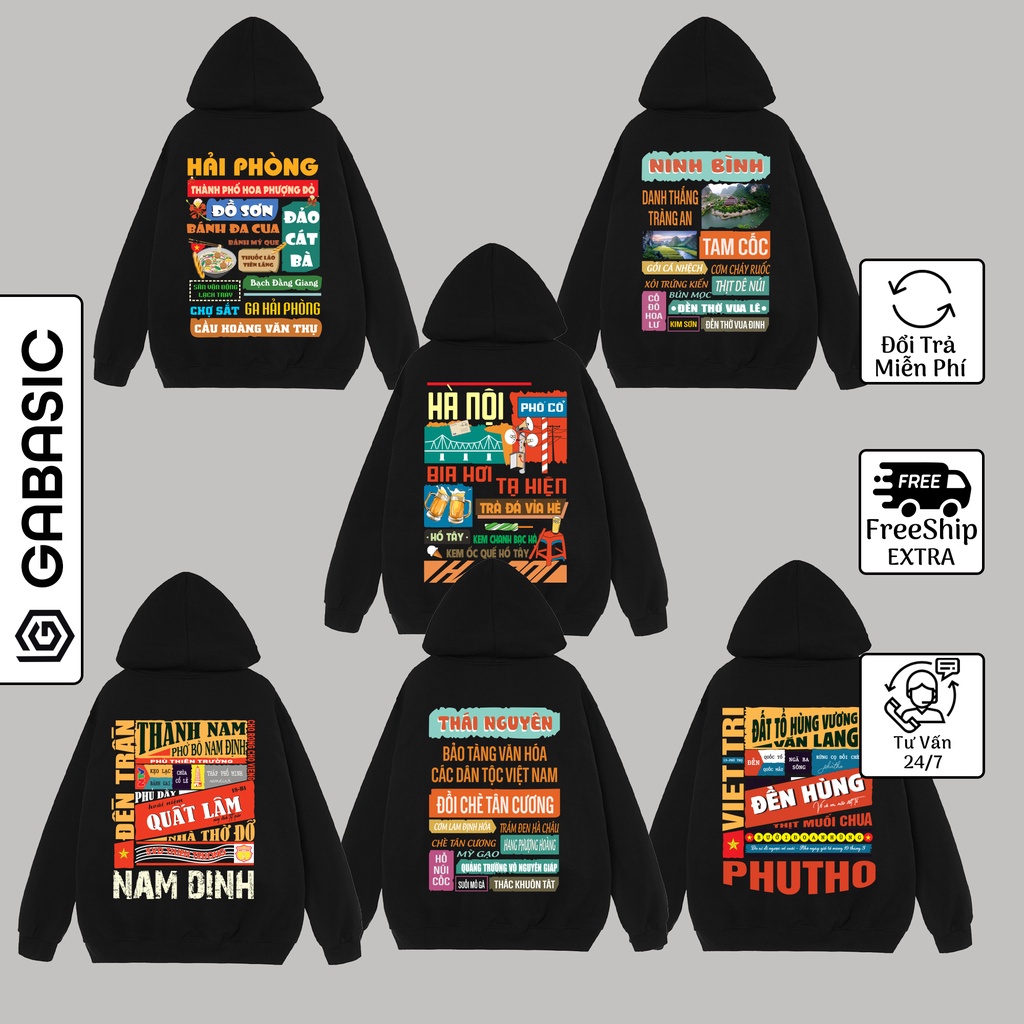 Áo Hoodie 63 Tỉnh Thành Việt Nam Nỉ Bông Unisex Nam Nữ Form Rộng GaBasic-Áo Mũ Hoodie Thu Đông Màu Đen Dày Dặn