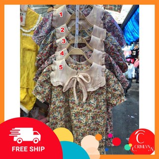 Áo sơ mi kiểu 💞 freeship50k💞 áo sơ mi hoa nhí cổ bèo có nơ cực phẩm