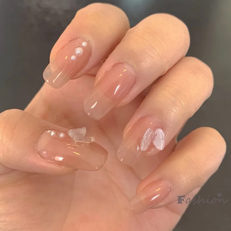 [Hàng mới về] Set 24 Móng Tay Giả Dáng Dài Trang Trí Nghệ Thuật Đính Ngọc Trai Thời Trang
