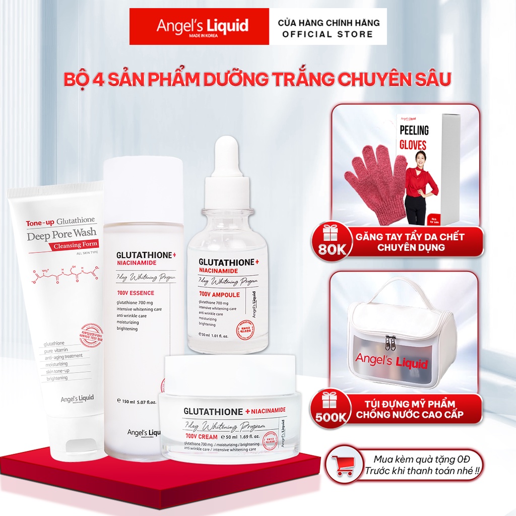Bộ 4 Sản Phẩm Mờ Nám Dưỡng Trắng Da Chuyên Sâu Angel's Liquid Niacinamide Plus Glutathione Whitening Program