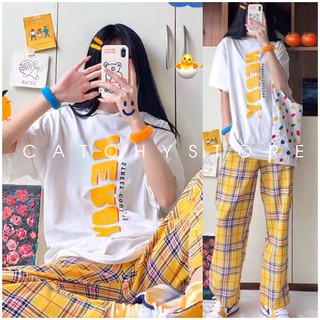 Set Bộ Unisex Áo Thun Nerdy - Mix Cùng Quần Kẻ Caro Vàng Ống Rộng Dáng Suông (Có Bán Lẻ)