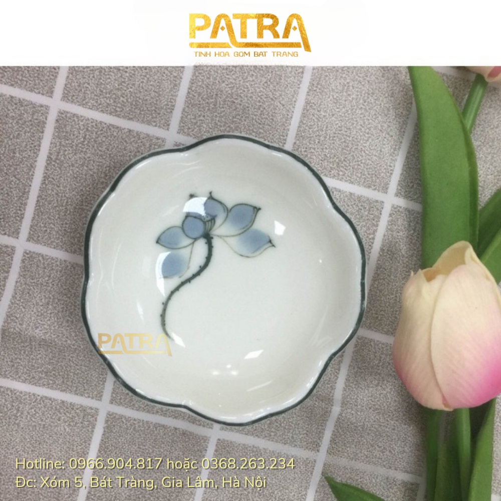 Bộ đĩa gia vị sứ, bát mắm, chén nước chấm Bát Tràng cao cấp vẽ sen xanh