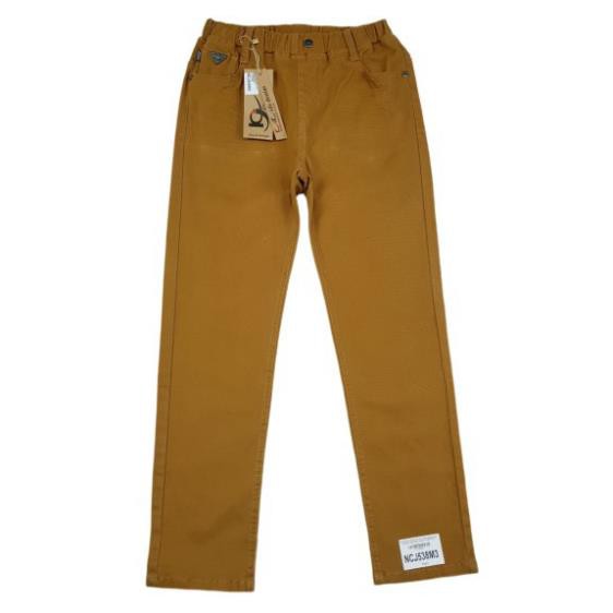 NCJ538M3-Quần kaki bé trai, dài, trơn, thêu kikds túi sau, vàng đậm, hiệu kikids, size bự 25-29