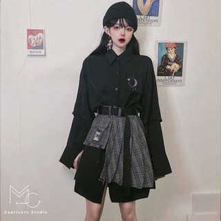 Set đồ màu đen cá tính Harajuku BF áo polo rộng kết hợp với túi thắt lưng [MinC.Studio - MCS006]