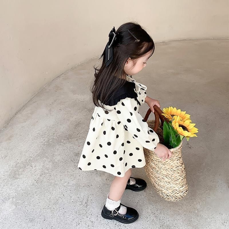 Đầm Công Chúa Tay Dài Họa Tiết Chấm Bi Thời Trang Xuân Thu Cho Bé Gái