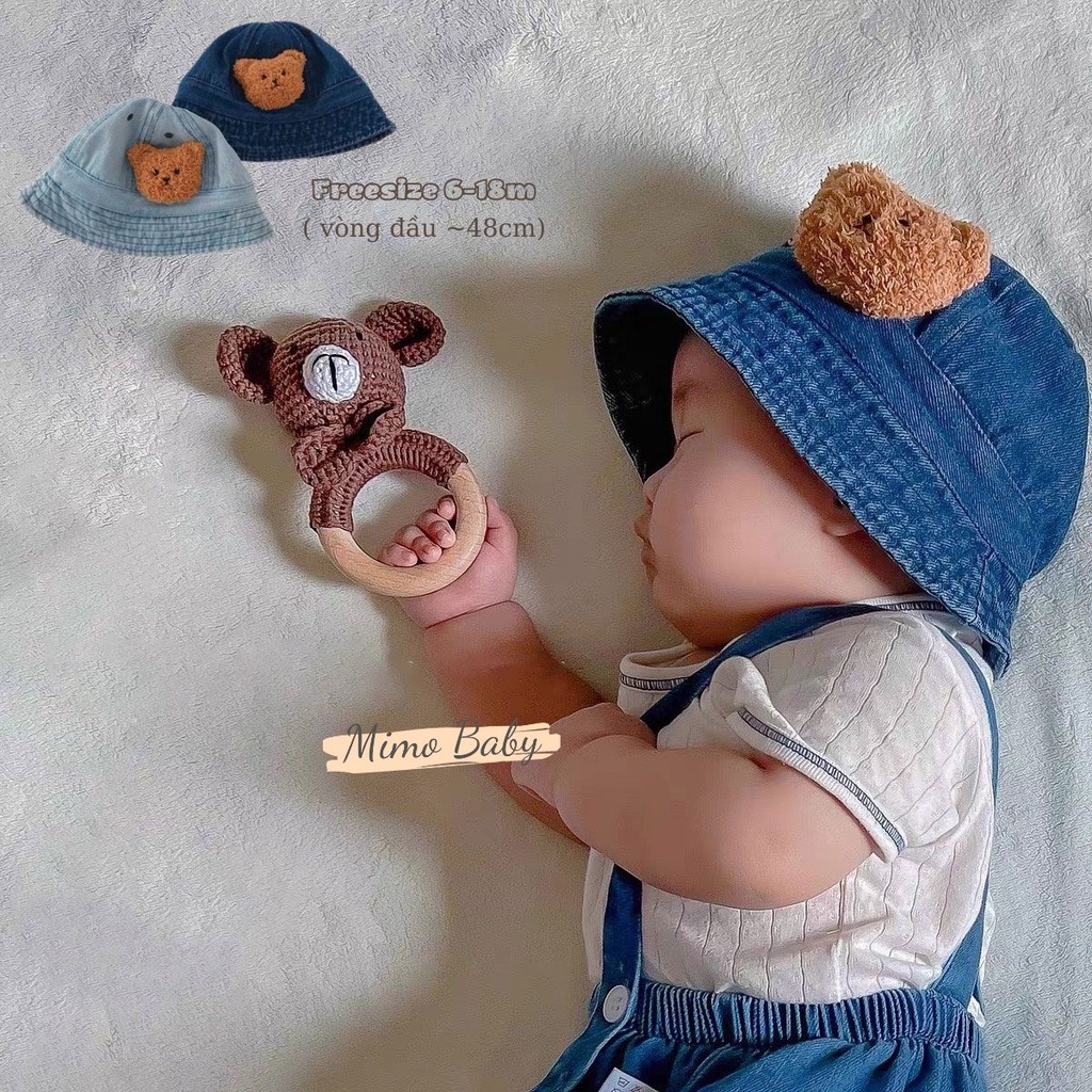 Mũ bucket, mũ tai bèo vải denim đính gấu bông phong cách vintage cho bé MH105 Mimo Baby