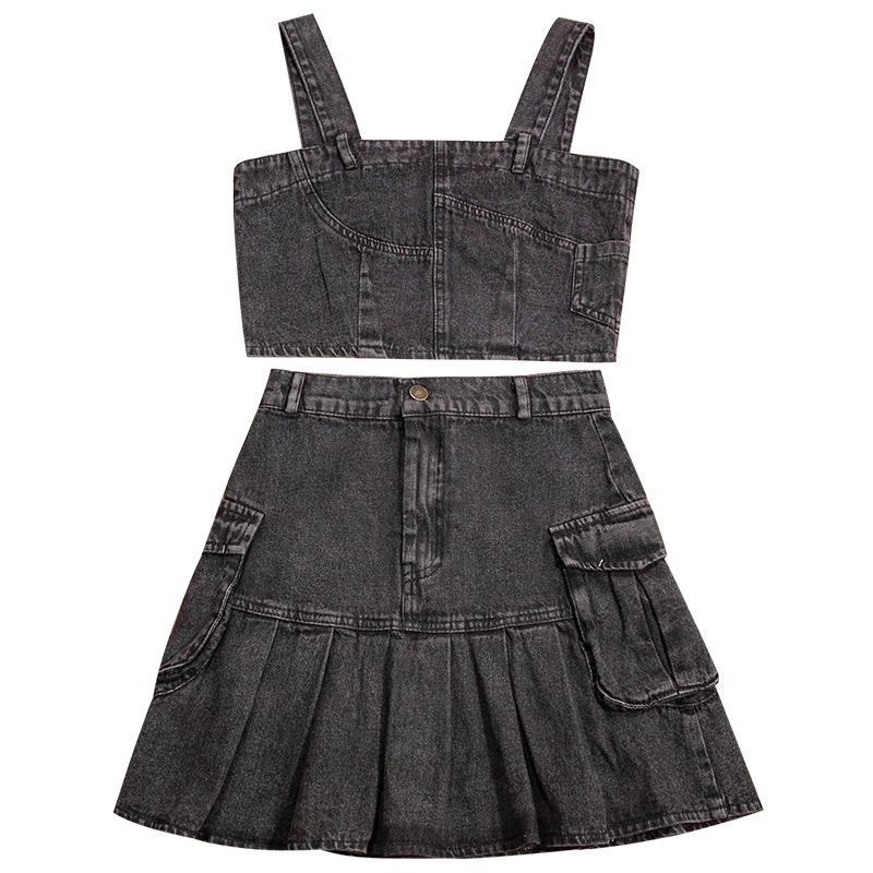 Bộ đồ JSC gồm áo hai dây denim và chân váy chữ A lưng cao xếp ly thời trang mùa hè cho nữ