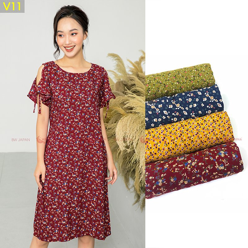 Váy Lanh khoét vai tay nơ Mã V1