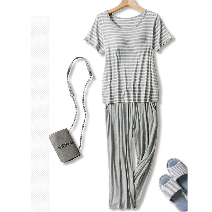 Bộ Mặc Nhà Có Đệm Ngực Vải Modal Kẻ Sọc Cao Cấp CT381