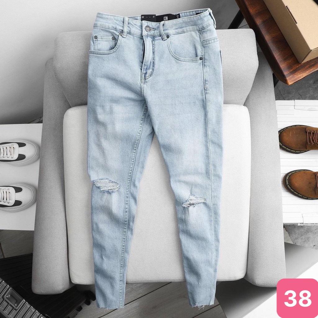 Quần jean nam màu xanh nhạt trơn rách gối chất bò cao cấp co dãn 4 chiều cực đẹp, quần rin xanh bạc AD009 nhiều mẫu