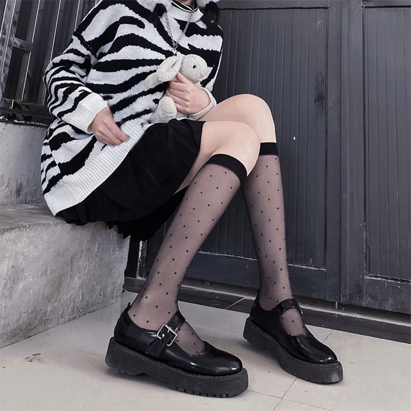 1 Đôi Tất Lụa Mỏng Họa Tiết Chấm Bi Phong Cách Lolita Nhật Bản