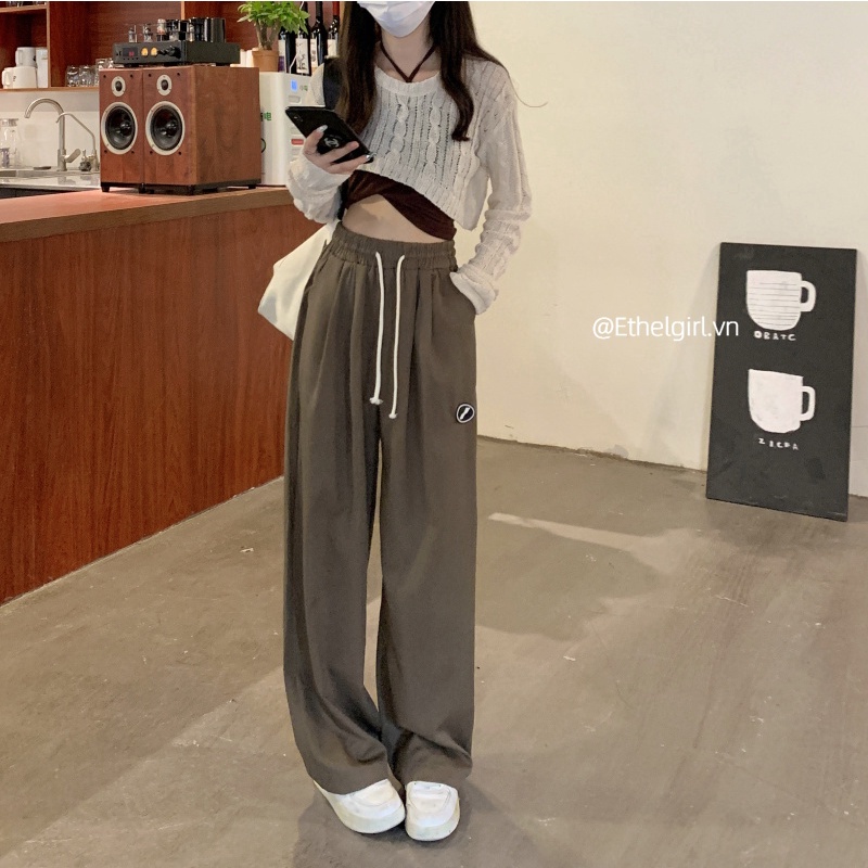 Ethelgirl Quần Thể Thao Lưng Cao Ống Rộng 2 Màu Thời Trang Hàn Quốc Dành Cho Nữ