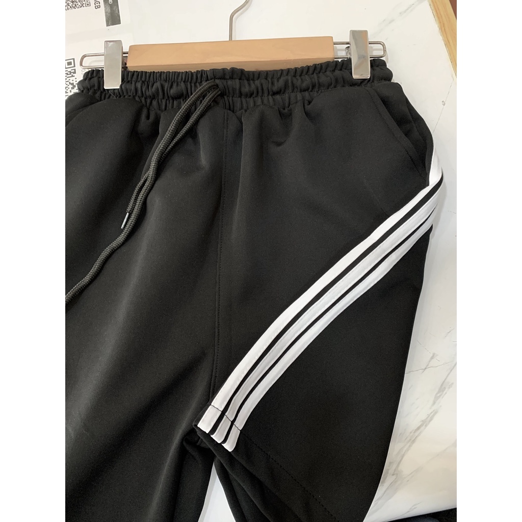 Quần Short thun Nam Nữ Unisex phối 3 sọc Trắng, Đen - Quần đùi lửng ống suông