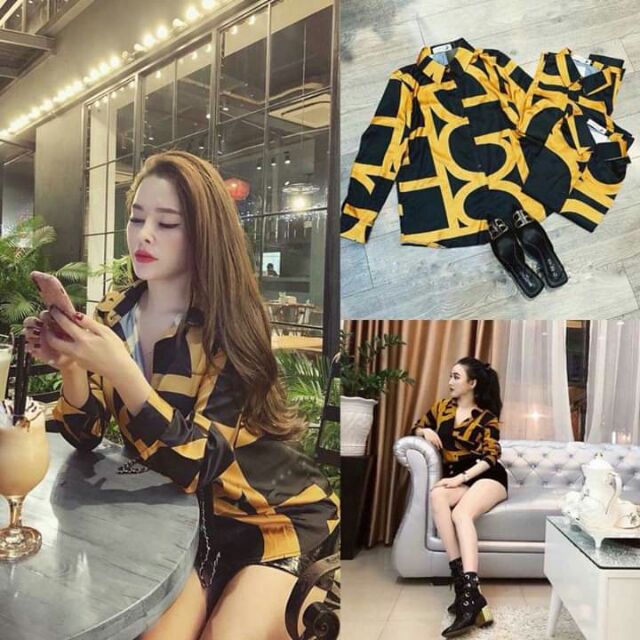 ÁO SƠ MI VẠT LỆCH PHỐI VÀNG ĐEN