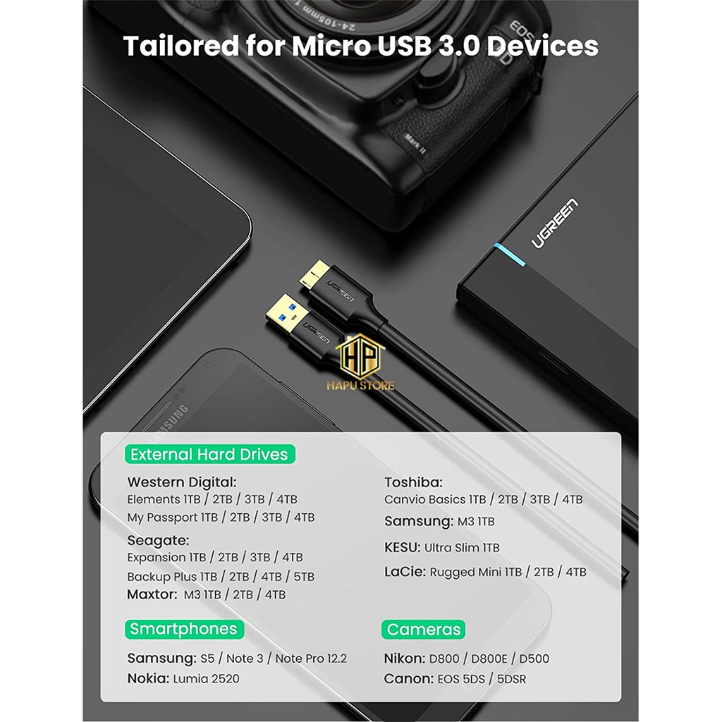 Cáp Micro USB 3.0 Ugreen 10840 dài 0,5m mạ vàng chính hãng - Hapustore