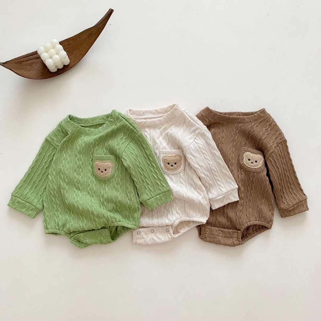 Korean Romper Bear Print Baby Boys Girls Cotton Bodysuit Newborn  Long Sleeve Triangle Jumpsuit Outfit