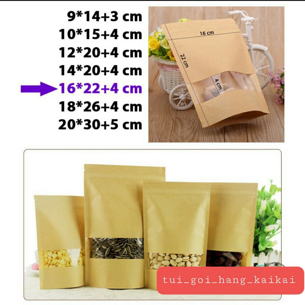 [RẺ NHẤT SHOPEE] 50 cái 16*22+4cm Túi giấy Kraft cửa sổ kiếng miệng zip chuyên đựng thực phẩm chất lượng cao .