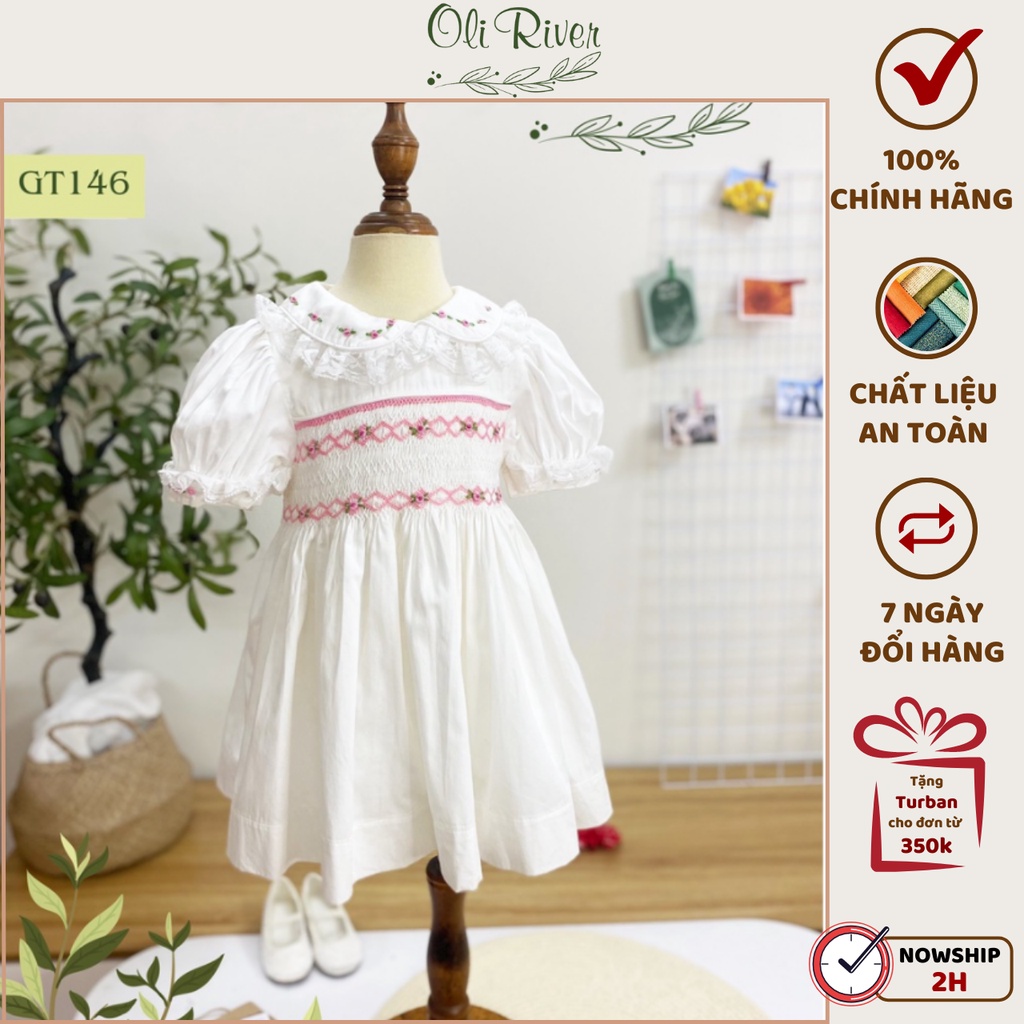 Váy Smock bé gái OLIRIVER phối ren thêu hoa hồng thủ công chất liệu thô cho bé từ 1 - 7 tuổi - GT146