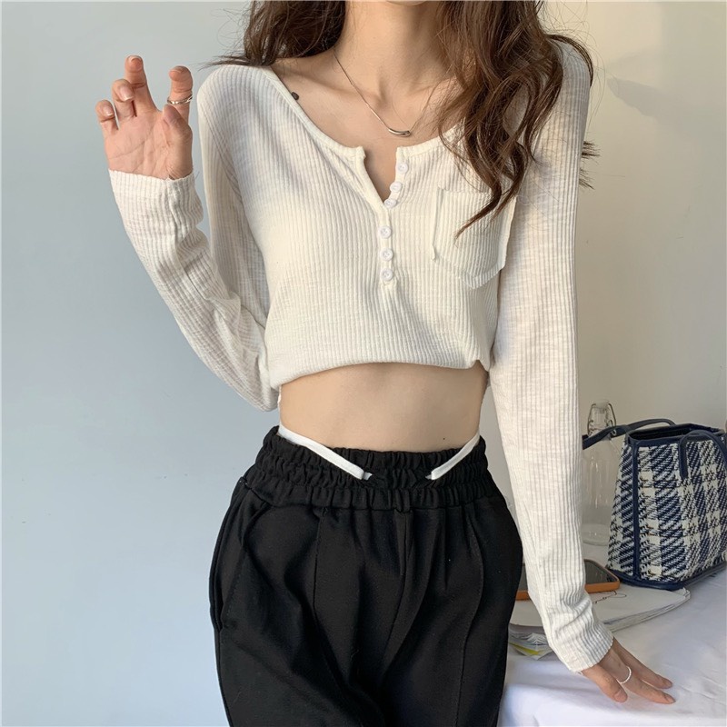 Áo thun tay dài Maika chất liệu thun co dãn bốn chiều có túi ngực ôm body tôn dáng, phụ kiện thời trang Yuna