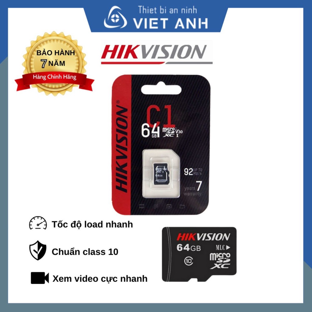 Thẻ nhớ camera, thẻ nhớ Hikvision 64Gb Class 10 dùng cho camera, camera hành trình, điện thoại. Bảo hành 7 năm