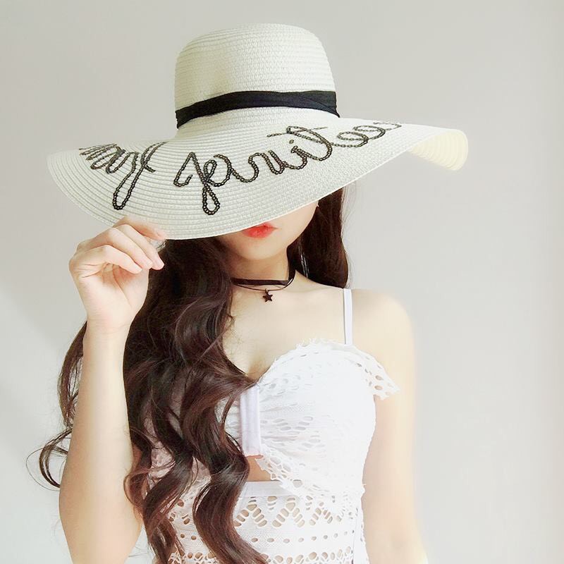 [Ảnh thật] Mũ cói rộng vành, nón cói đi biển nữ vành rộng phối nơ thêu chữ